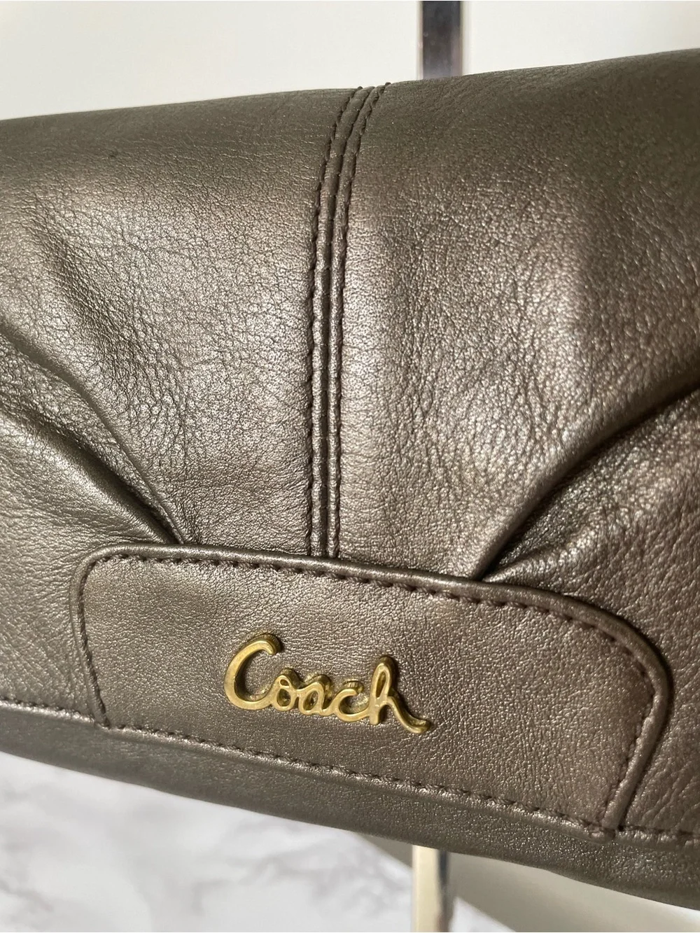 Coach Ashley Metallic Bronze Leather Large Flap Wristlet/Clutch